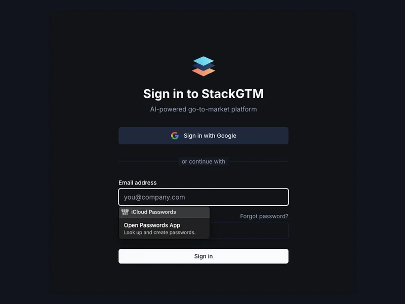 The StackGTM sign-in experience.