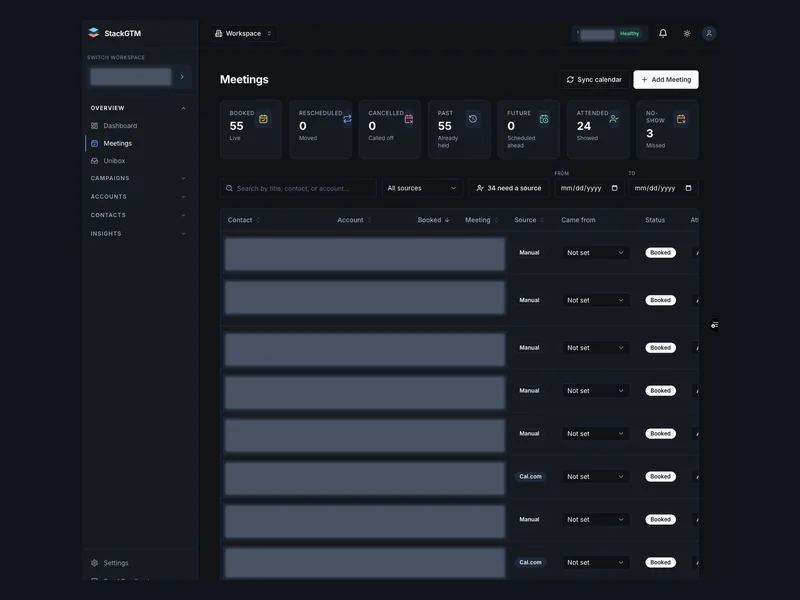 A meeting overview with filters, sources, and booking status.