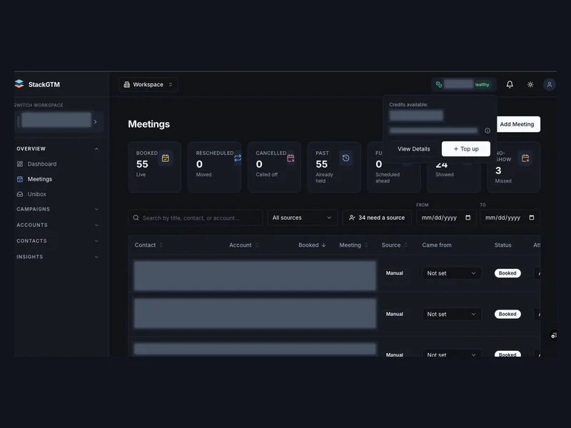 A credit overview with balance details and a top-up entry point.