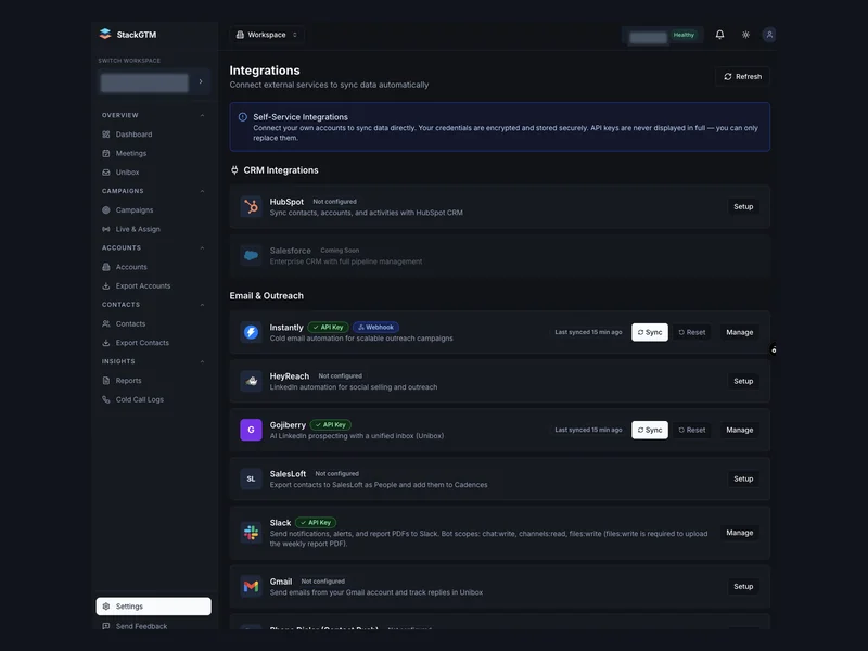 A self-service settings page for connecting business tools.
