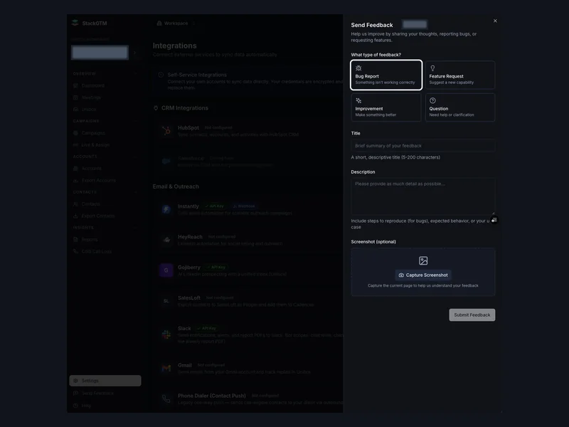 A feedback panel for reporting issues and requesting improvements.