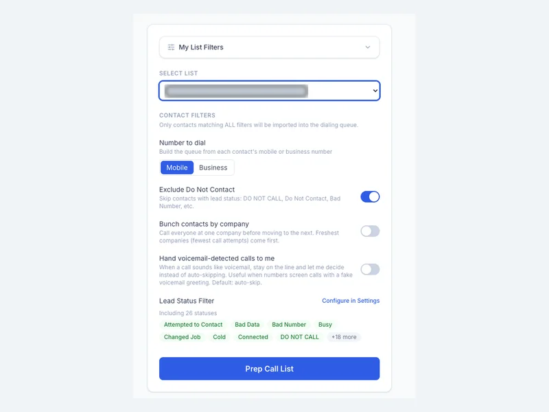 Call-list filters bring dialing preferences into the preparation flow.