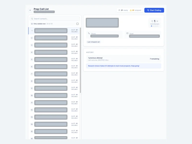 Contact details and call history sit alongside the calling queue.