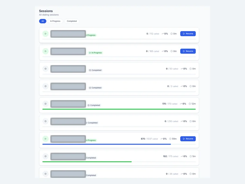 A session overview with progress, status, and resume controls.