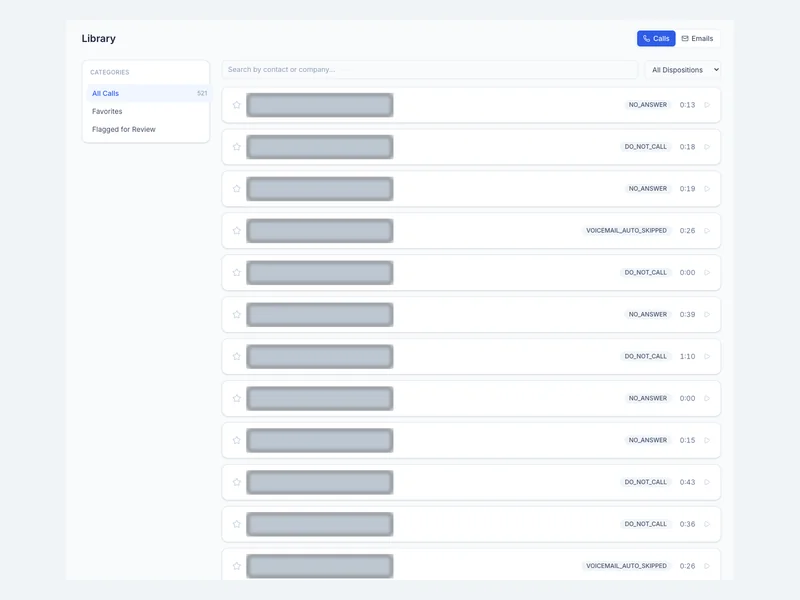 A searchable call library with outcome filters and playback controls.