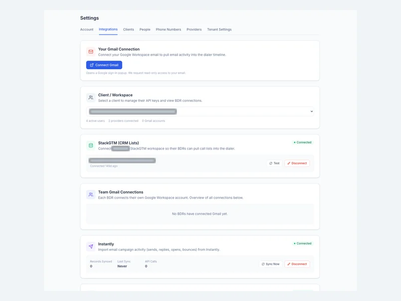 A settings view for managing CRM and email integrations.