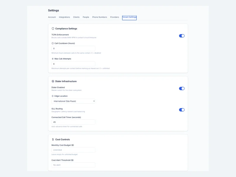 Shared settings for call attempts, cooldowns, infrastructure, and budgets.